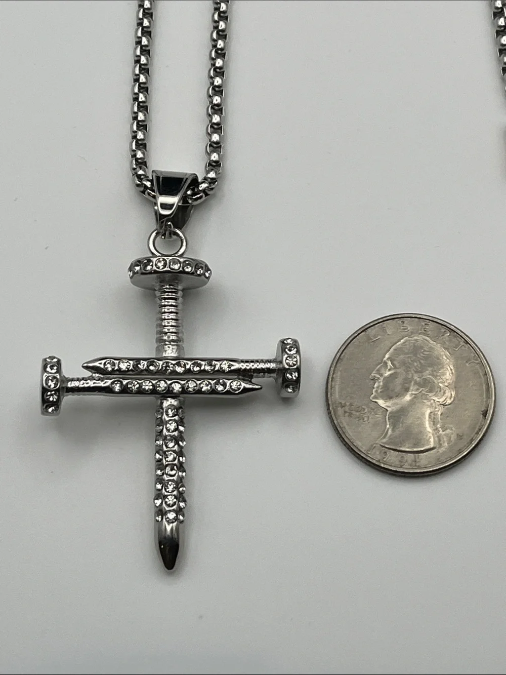 24”, Stainless Steel Crystal Nail Cross Pendant Necklace - Unbranded